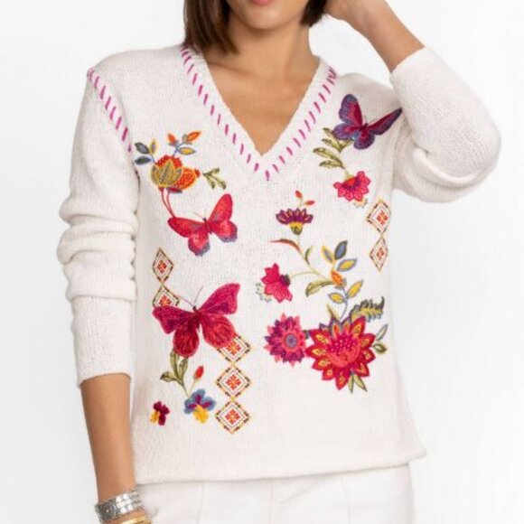 NWT Johnny Was Biya JWLA The V-Neck Whipstitch Pullover Gracie Sweater Knit
